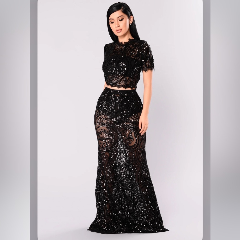 Black Sequin Two-Piece Evening Gown